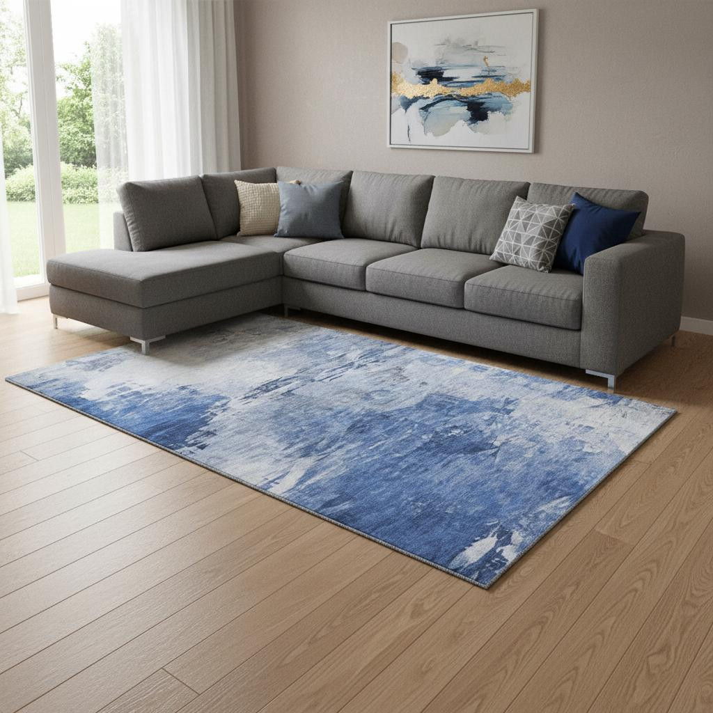 650722 10 x 14 ft. Blue & Ivory Abstract Transitional Washable Machine Made Rectangle Area Rug with UV Protection
