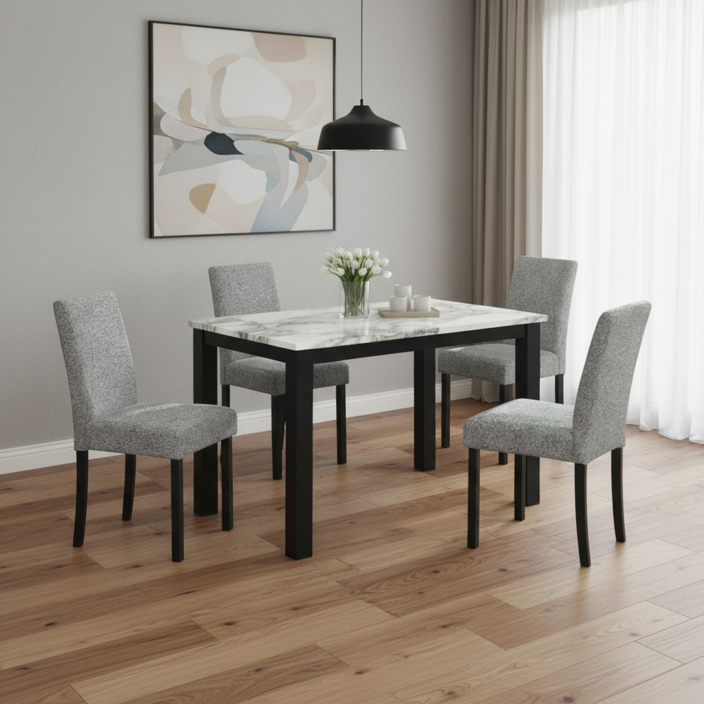 654250 Faux Marble Dining Set with Four Chairs, White & Black - 5 Piece