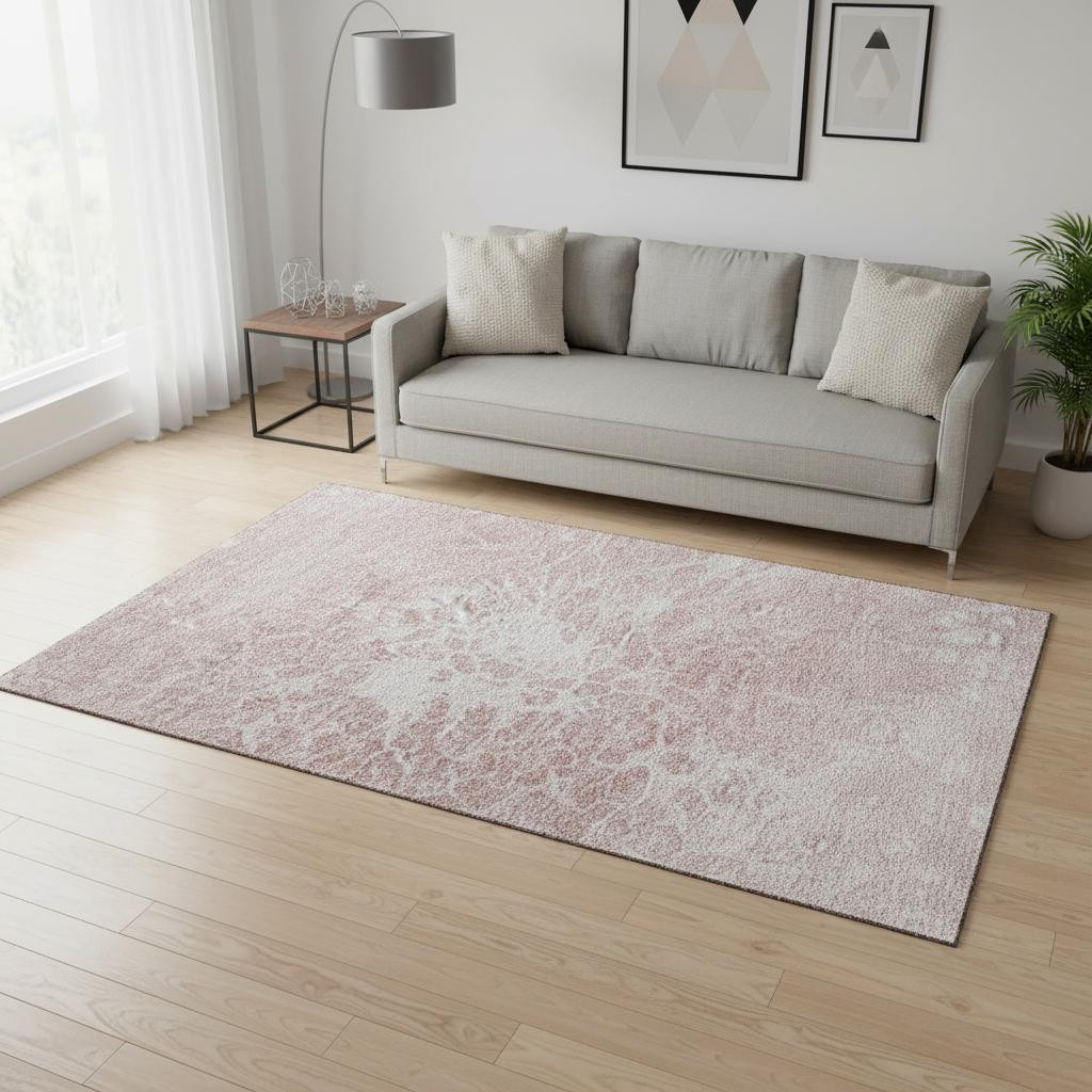 654604 5 x 8 ft. Pink & Ivory Abstract Transitional Washable Machine Made Rectangle Area Rug with UV Protection