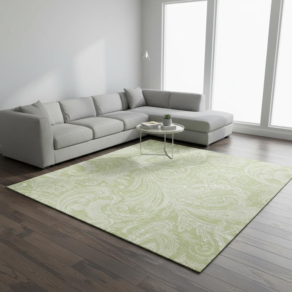 654632 10 x 14 ft. Artichoke Green & Ivory Paisley Washable Machine Made Rectangle Area Rug with UV Protection