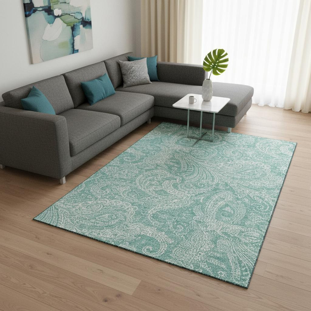654680 10 x 14 ft. Teal & Ivory Paisley Washable Machine Made Rectangle Area Rug with UV Protection