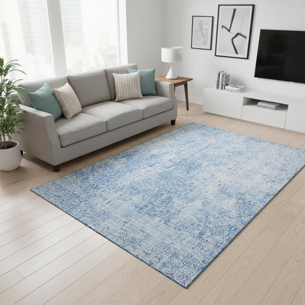 654786 5 x 8 ft. Blue & Ivory Abstract Transitional Washable Machine Made Rectangle Area Rug with UV Protection