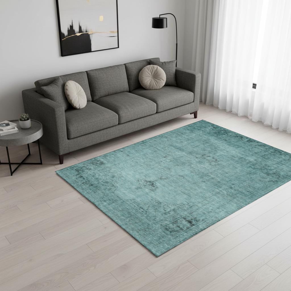654906 5 x 8 ft. Teal & Ivory Oriental Washable Machine Made Rectangle Area Rug with UV Protection