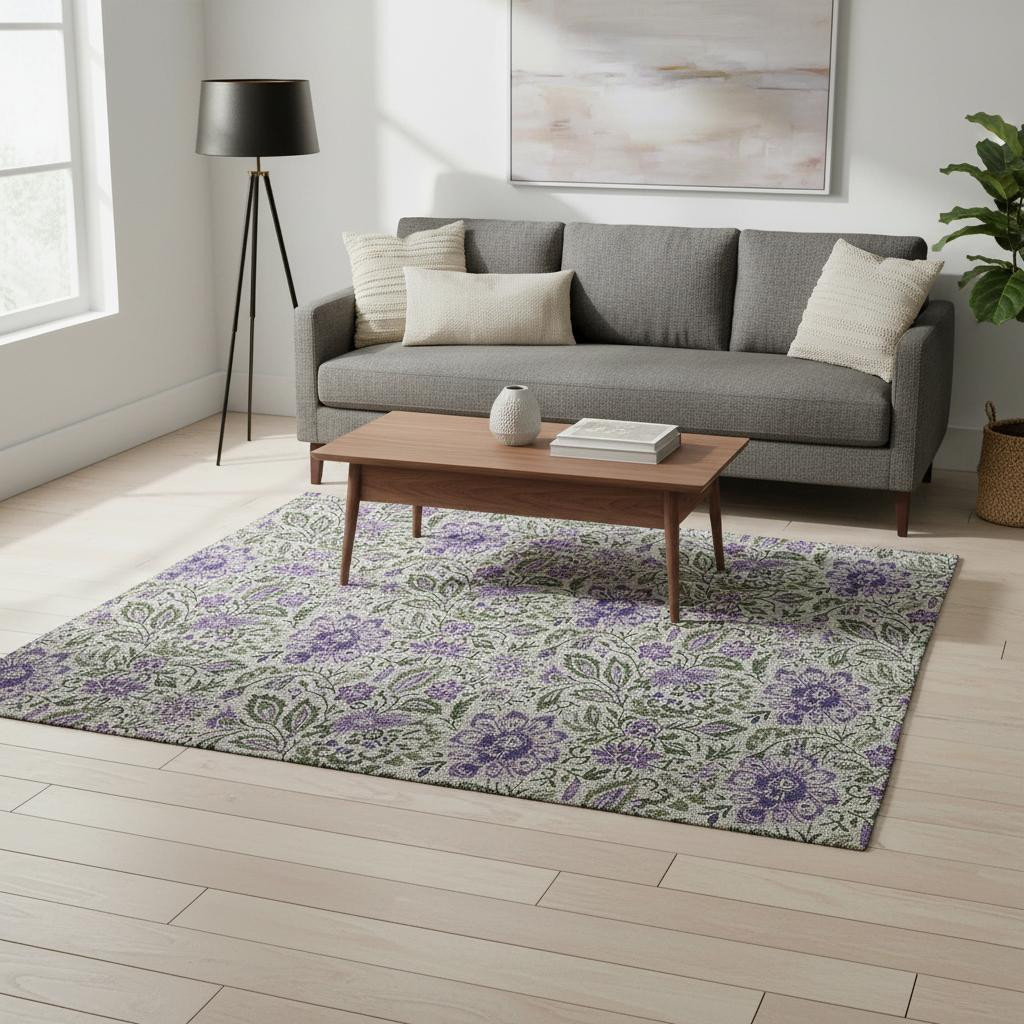 654996 5 x 8 ft. Olive Green & Purple Floral Washable Machine Made Rectangle Area Rug with UV Protection