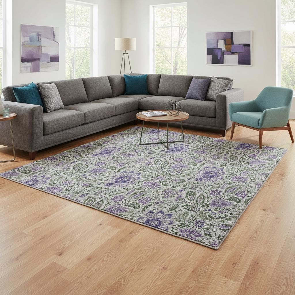 654998 8 x 10 ft. Olive Green & Purple Floral Washable Machine Made Rectangle Area Rug with UV Protection