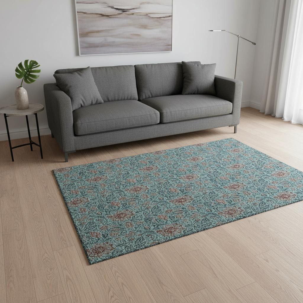 655020 5 x 8 ft. Teal & Brown Floral Washable Machine Made Rectangle Area Rug with UV Protection