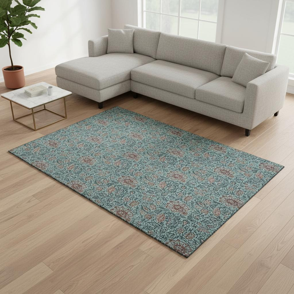655023 9 x 12 ft. Teal & Brown Floral Washable Machine Made Rectangle Area Rug with UV Protection
