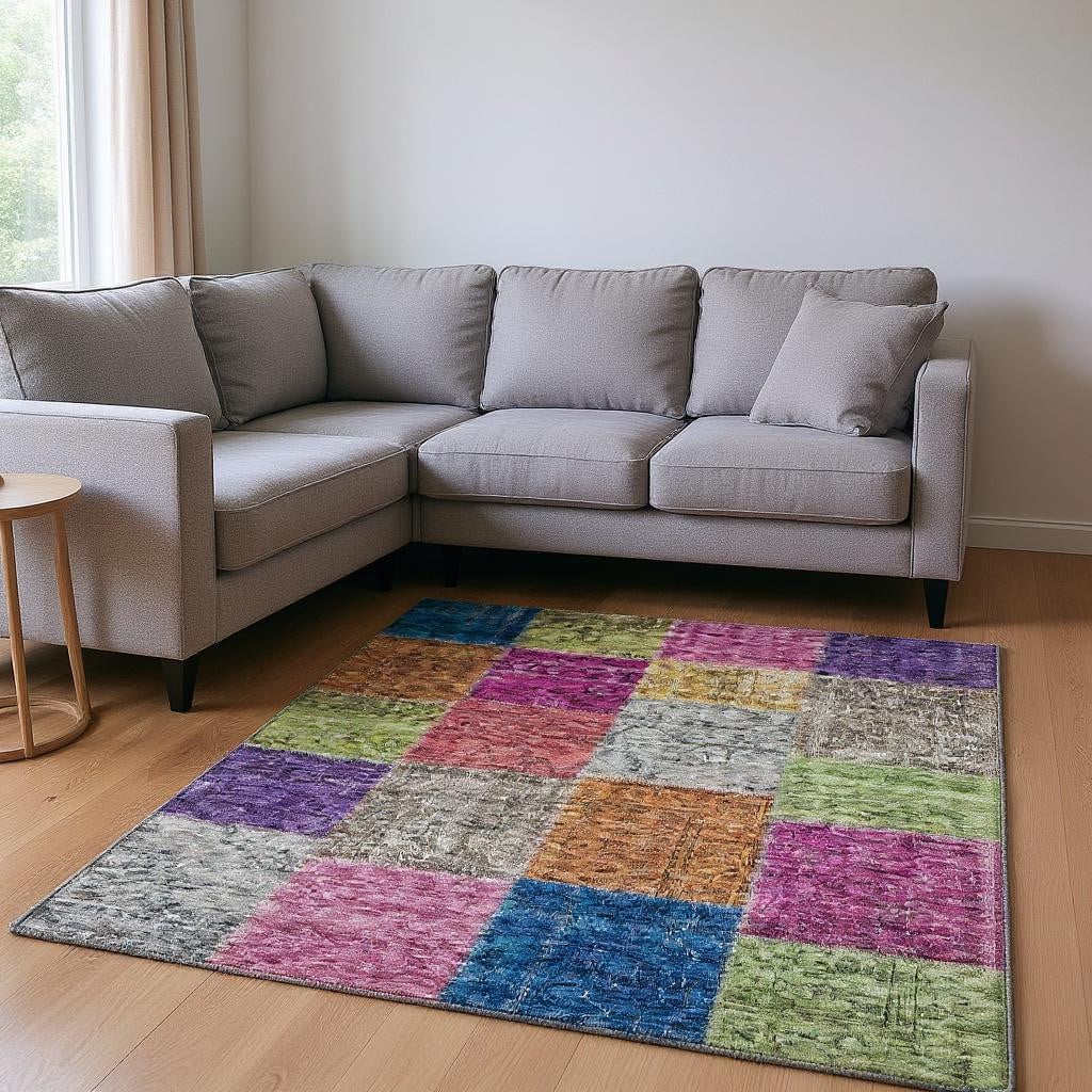 655161 9 x 12 ft. Copper Blue & Purple Patchwork Washable Machine Made Rectangle Area Rug with UV Protection