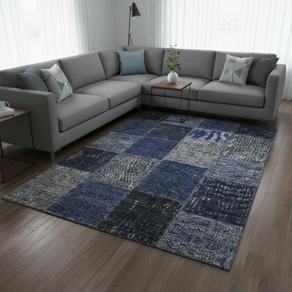 655190 8 x 10 ft. Navy Blue & Gray Patchwork Washable Machine Made Rectangle Area Rug with UV Protection