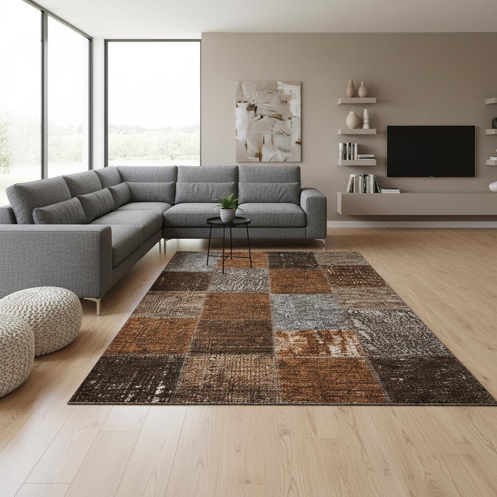 655203 9 x 12 ft. Rust Brown & Gray Patchwork Washable Machine Made Rectangle Area Rug with UV Protection