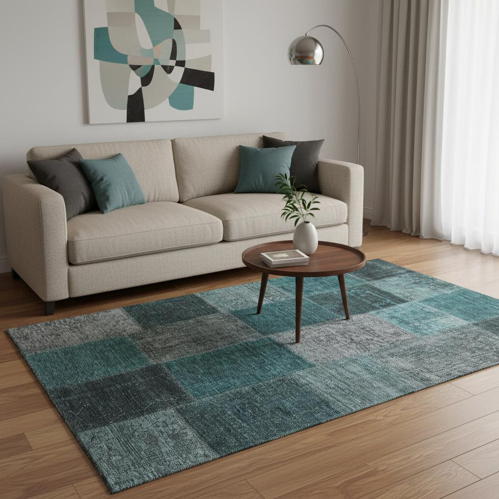 655206 5 x 8 ft. Teal & Gray Patchwork Washable Machine Made Rectangle Area Rug with UV Protection