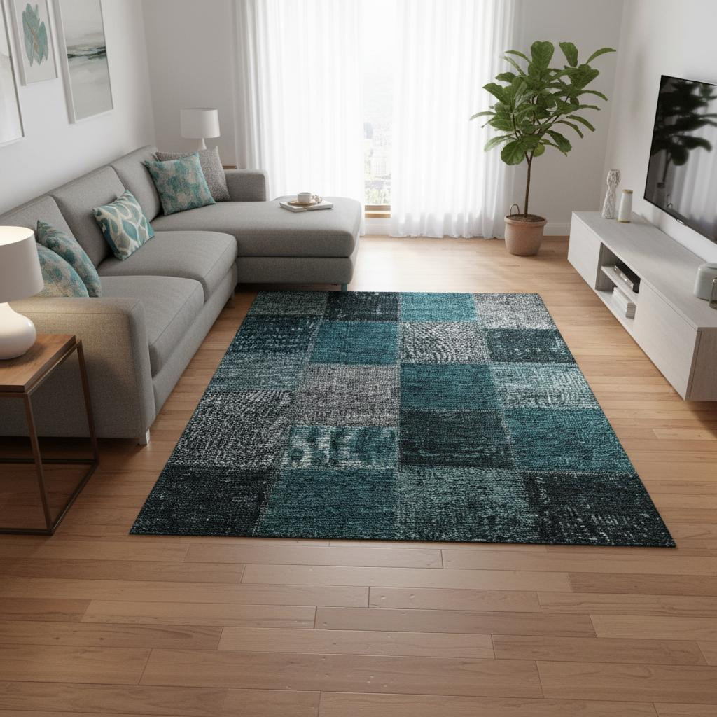 655208 8 x 10 ft. Teal & Gray Patchwork Washable Machine Made Rectangle Area Rug with UV Protection