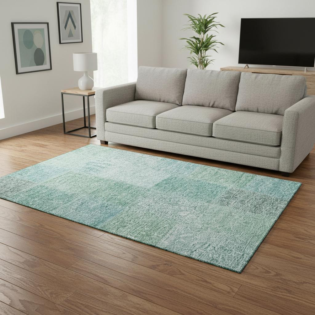 655236 5 x 8 ft. Teal & Ivory Patchwork Washable Machine Made Rectangle Area Rug with UV Protection