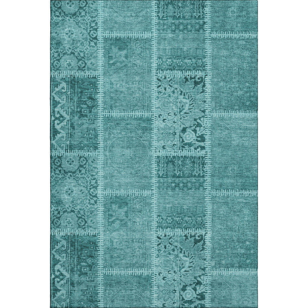 653270 8 x 10 ft. Turquoise & Aqua Patchwork Washable Machine Made Rectangle Area Rug with UV Protection