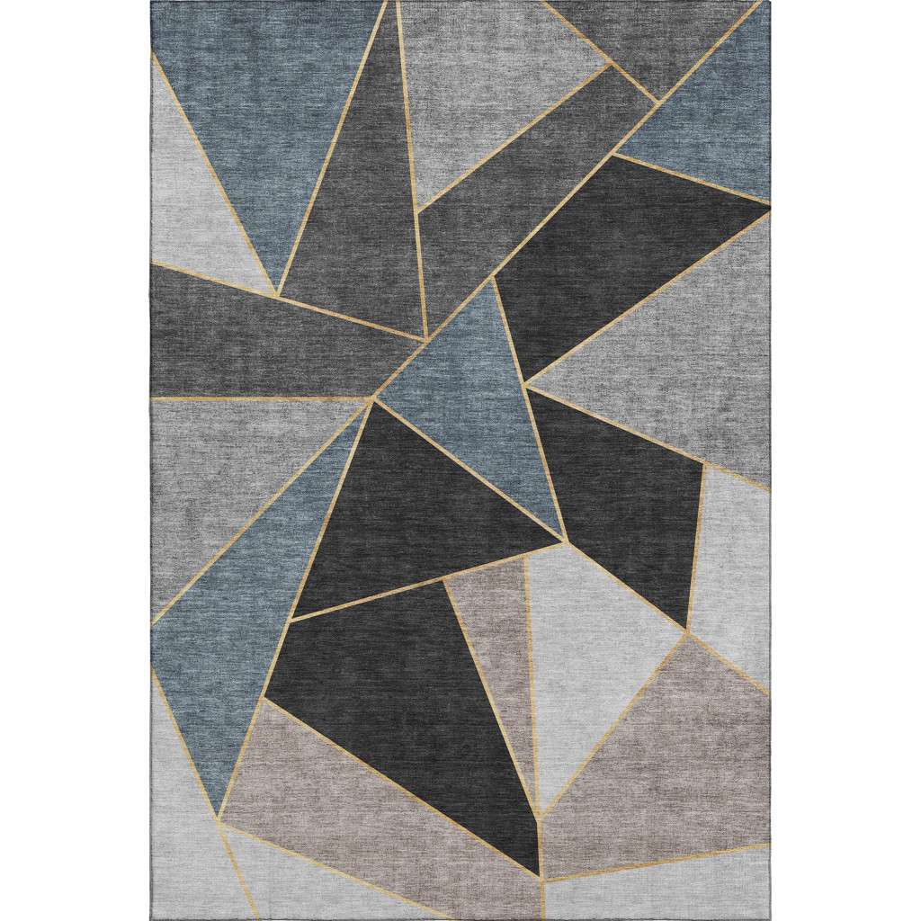 653292 5 x 8 ft. Blue Charcoal & Ivory Geometric Washable Machine Made Rectangle Area Rug with UV Protection