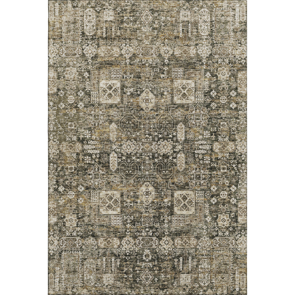 653374 10 x 14 ft. Coffee, Ivory & Gold Floral Washable Machine Made Rectangle Area Rug with UV Protection