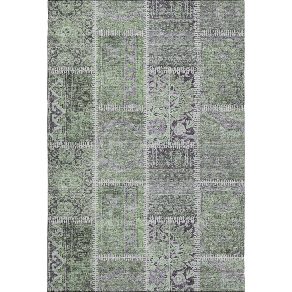653248 10 x 14 ft. Green & Purple Patchwork Washable Machine Made Rectangle Area Rug with UV Protection