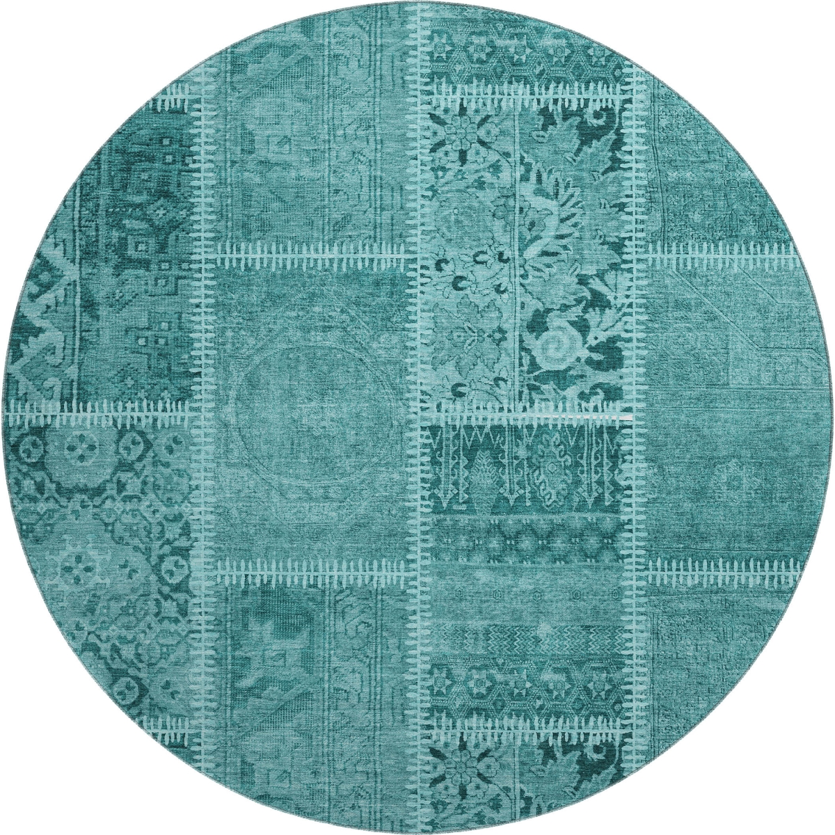 653269 8 ft. Turquoise & Aqua Patchwork Washable Round Area Rug with UV Protection
