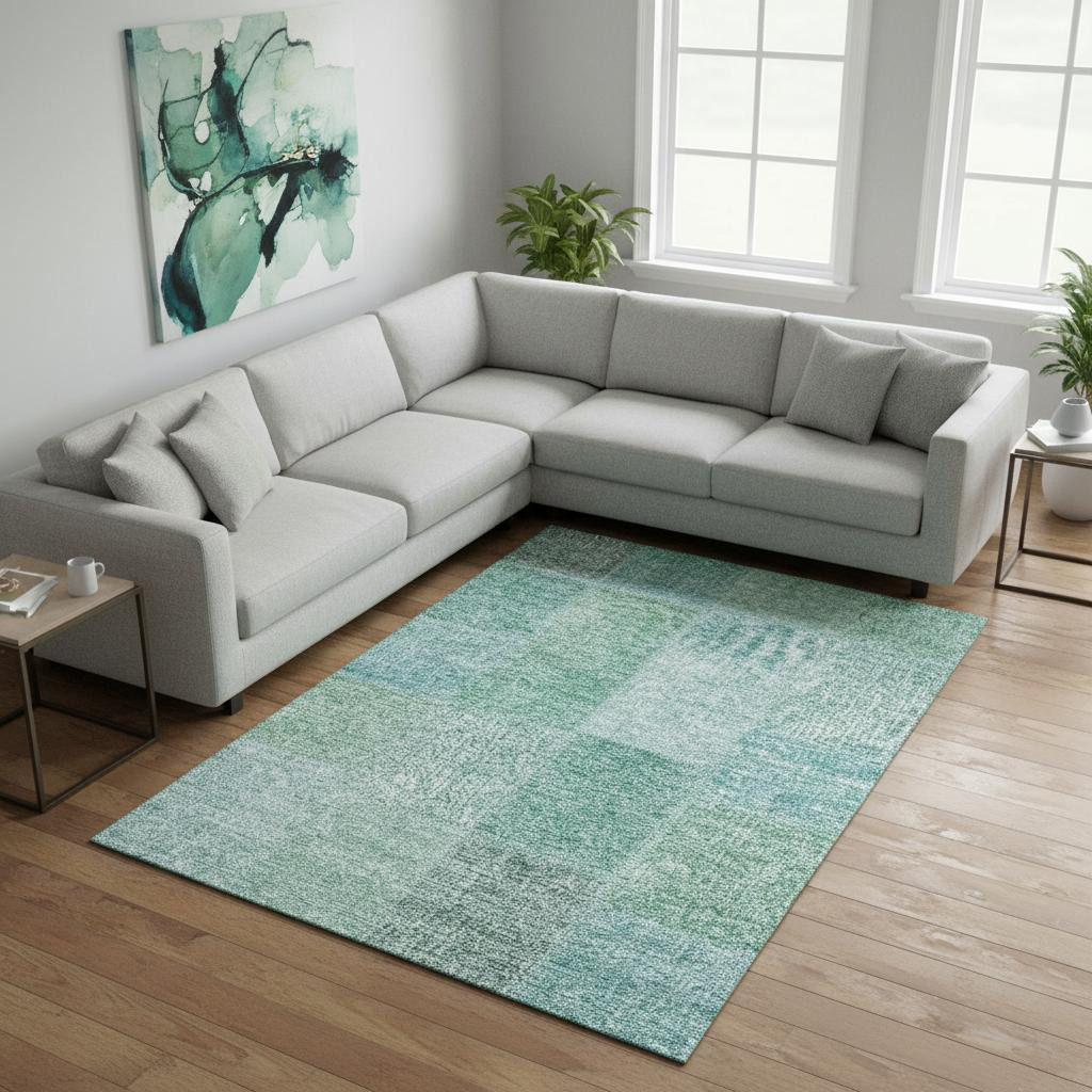 655239 9 x 12 ft. Teal & Ivory Patchwork Washable Machine Made Rectangle Area Rug with UV Protection