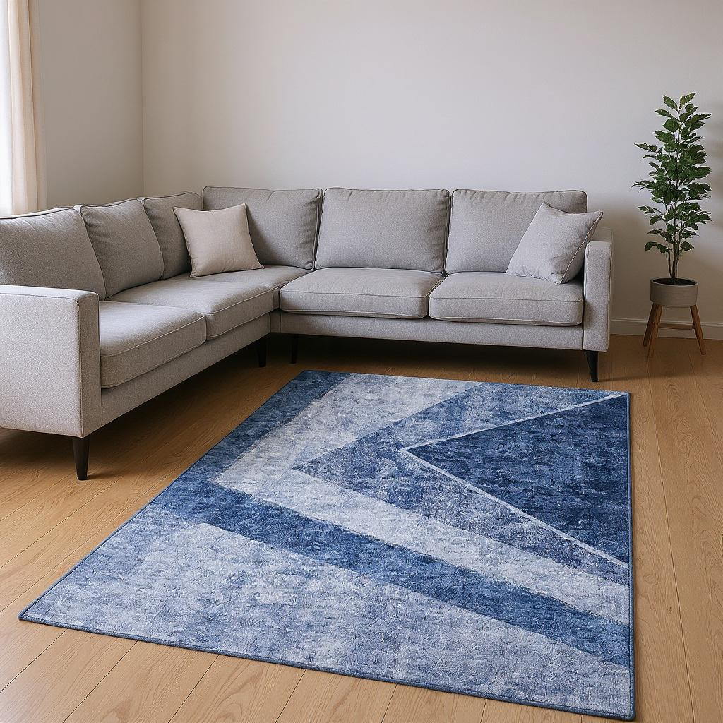 655560 9 x 12 ft. Blue & Ivory Geometric Transitional Washable Machine Made Rectangle Area Rug with UV Protection