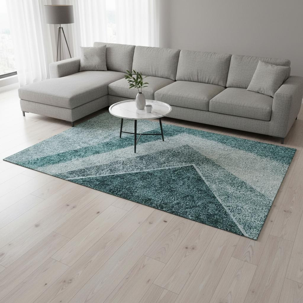 655577 8 x 10 ft. Teal & Ivory Geometric Transitional Washable Machine Made Rectangle Area Rug with UV Protection