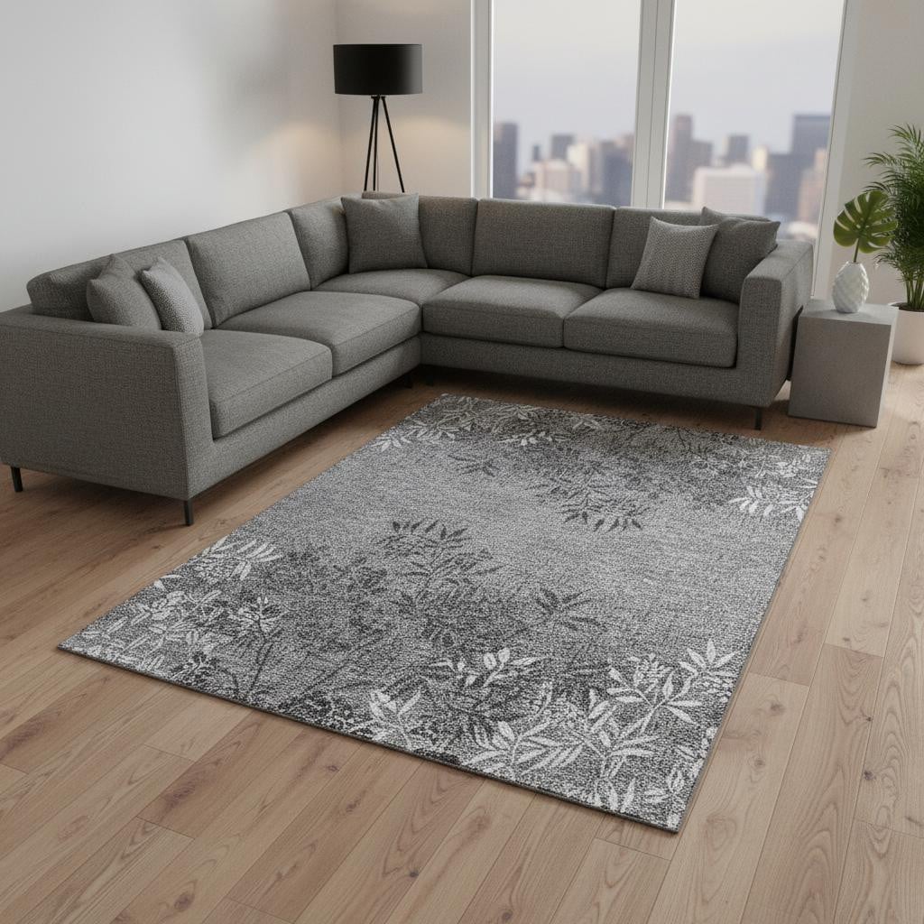 655668 10 x 14 ft. Pewter & Ivory Floral Washable Machine Made Rectangle Area Rug with UV Protection