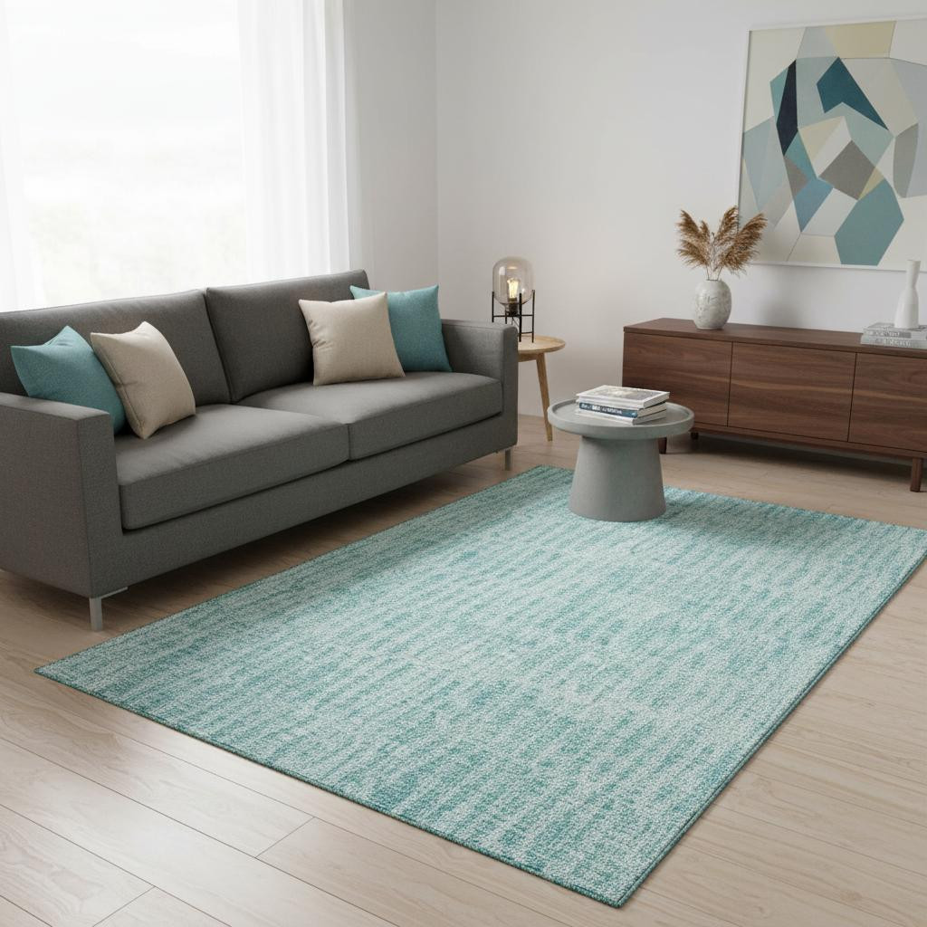 655694 5 x 8 ft. Teal & Ivory Striped Transitional Washable Machine Made Rectangle Area Rug with UV Protection