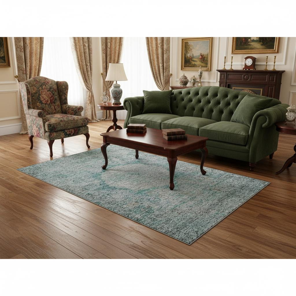 655718 5 x 8 ft. Teal & Gray Oriental Washable Machine Made Rectangle Area Rug with UV Protection
