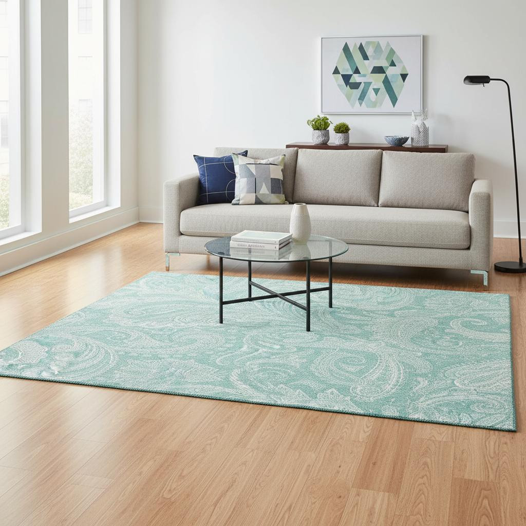 654676 5 x 8 ft. Teal & Ivory Paisley Washable Machine Made Rectangle Area Rug with UV Protection