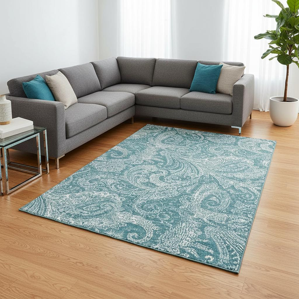 654690 8 x 10 ft. Turquoise & Ivory Paisley Transitional Washable Machine Made Rectangle Area Rug with UV Protection