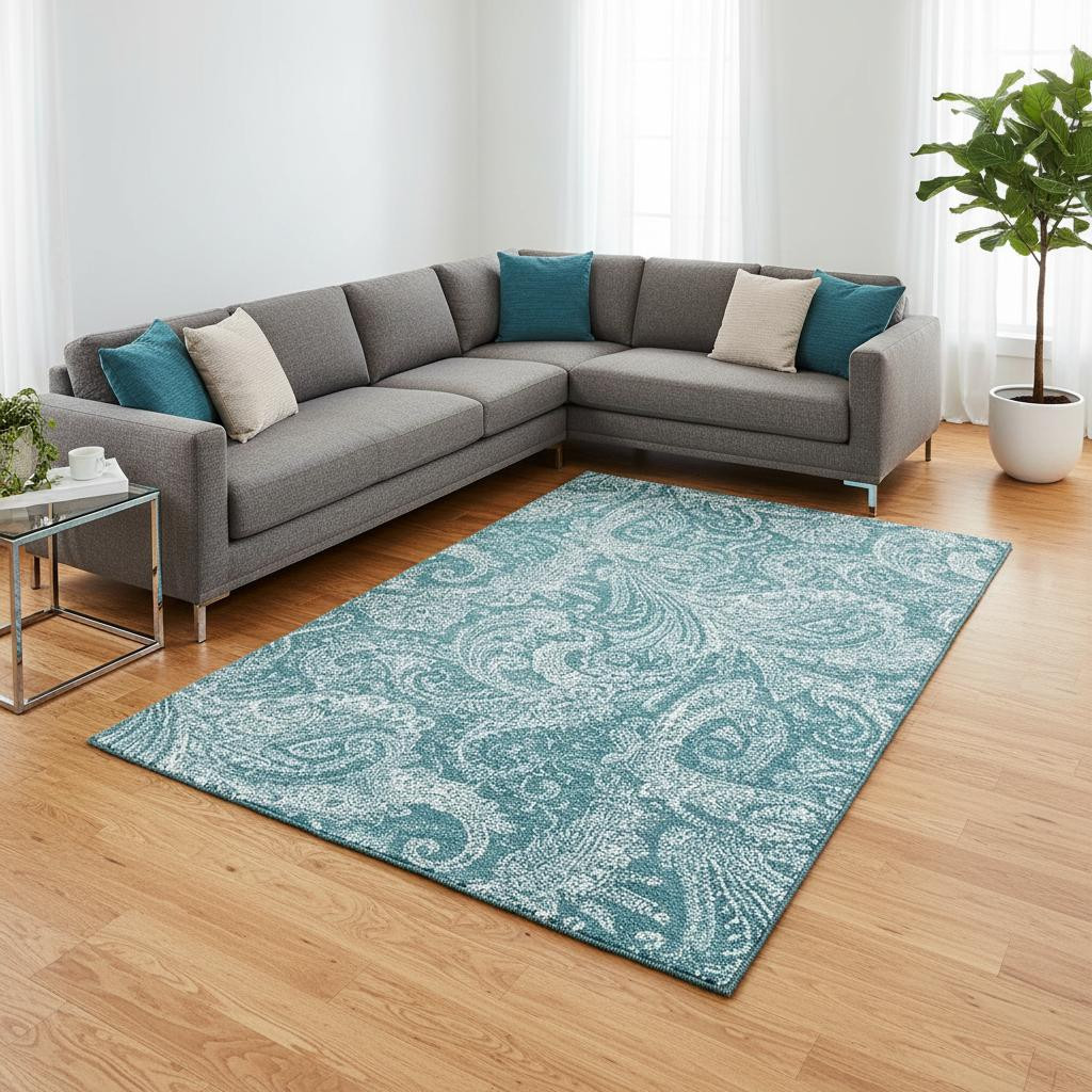 654691 9 x 12 ft. Turquoise & Ivory Paisley Transitional Washable Machine Made Rectangle Area Rug with UV Protection