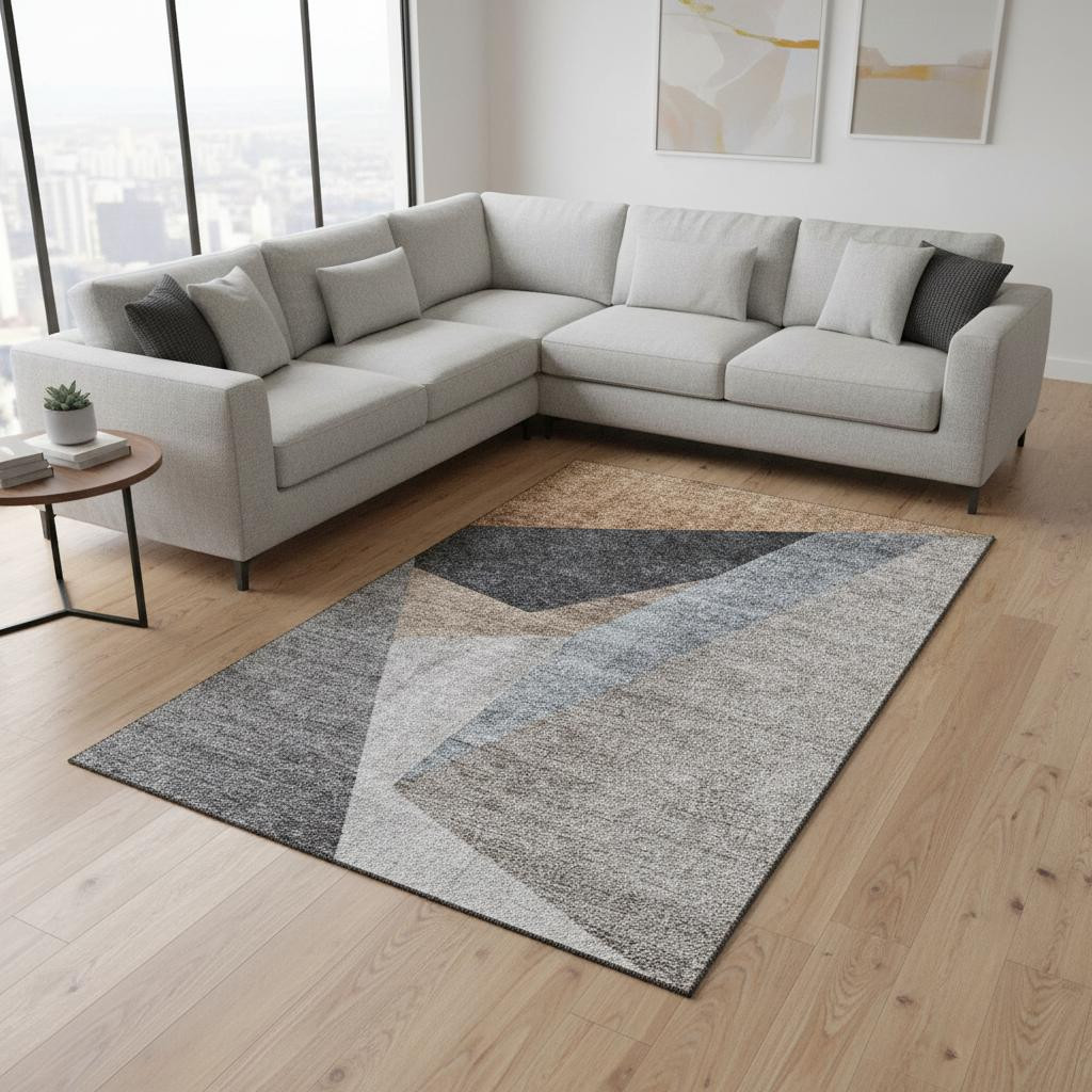657473 10 x 14 ft. Taupe Blue & Beige Geometric Washable Machine Made Rectangle Area Rug with UV Protection