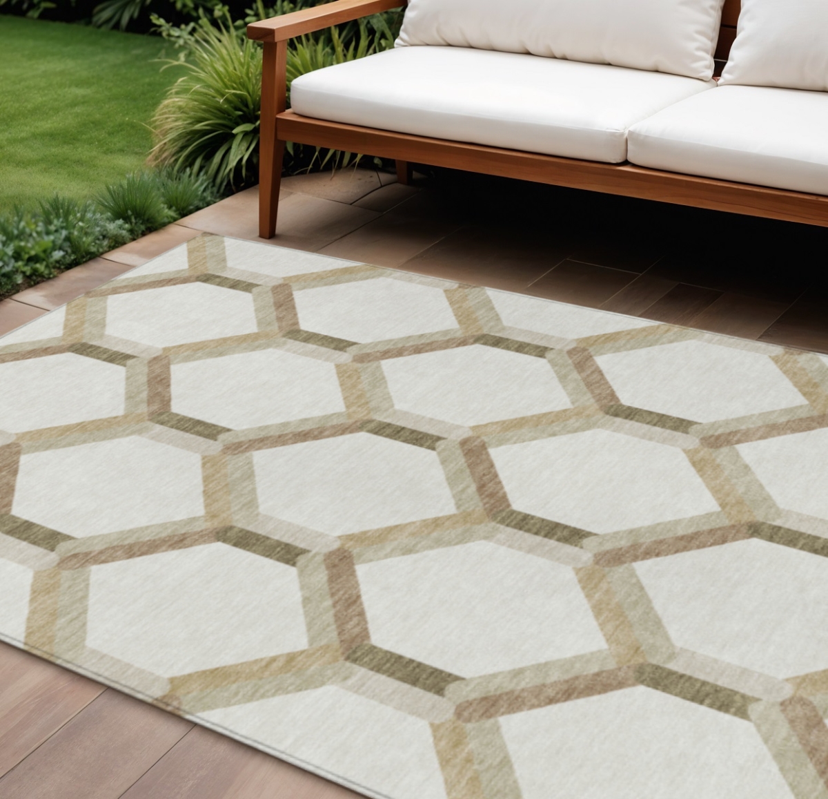 660588 10 x 14 ft. Ivory & Brown Geometric Washable Transitional Indoor & Outdoor Rectangle Area Rug