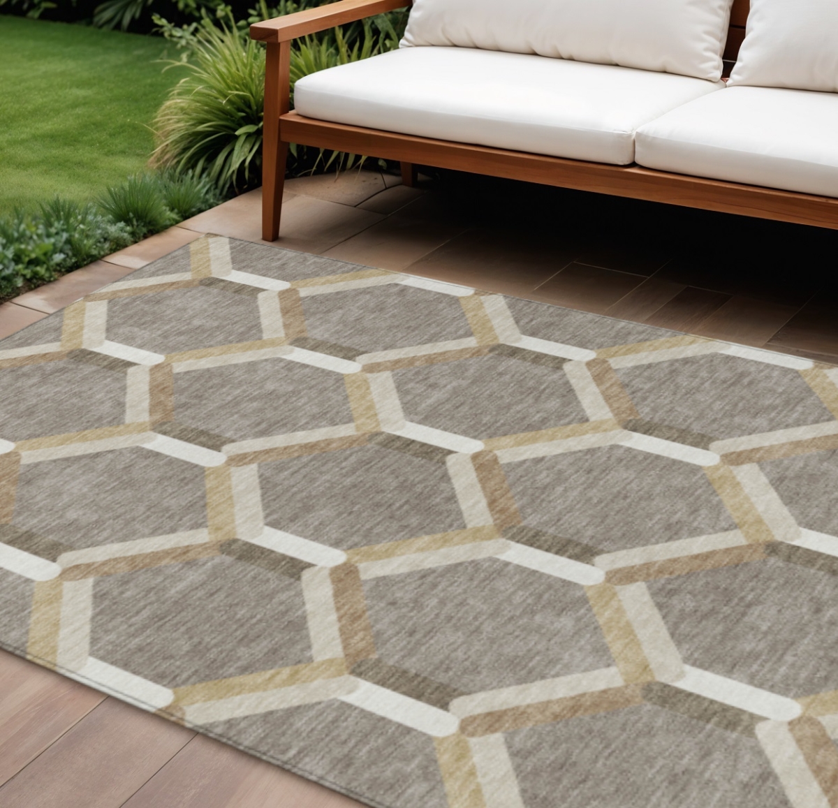 660594 10 x 14 ft. Taupe, Beige & Ivory Geometric Washable Transitional Indoor & Outdoor Rectangle Area Rug