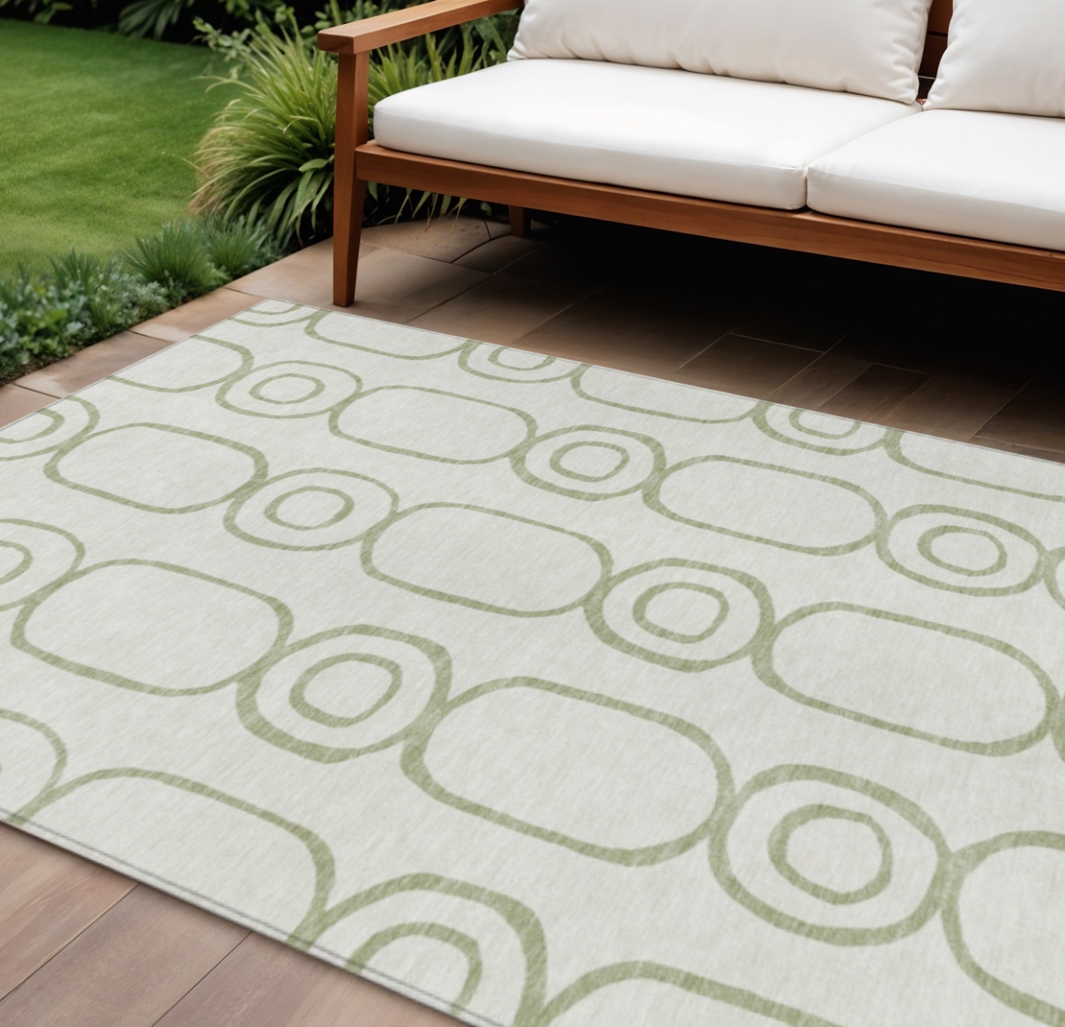 660600 10 x 14 ft. Artichoke Green & Ivory Geometric Washable Transitional Indoor & Outdoor Rectangle Area Rug