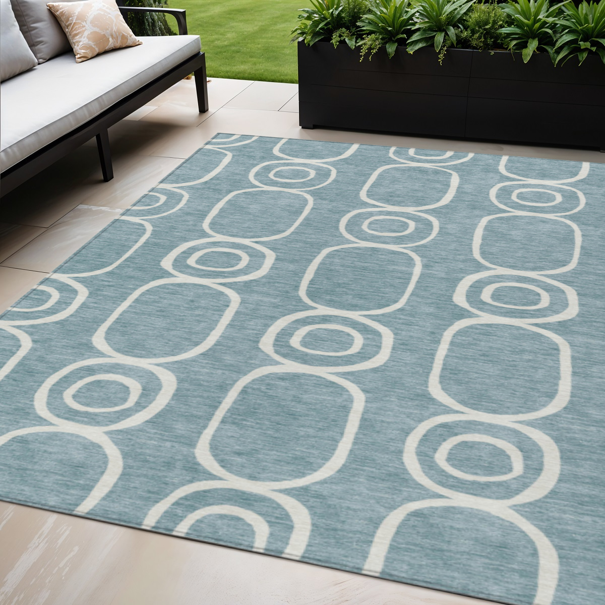 660602 5 x 8 ft. Aqua & Ivory Geometric Washable Transitional Indoor & Outdoor Rectangle Area Rug