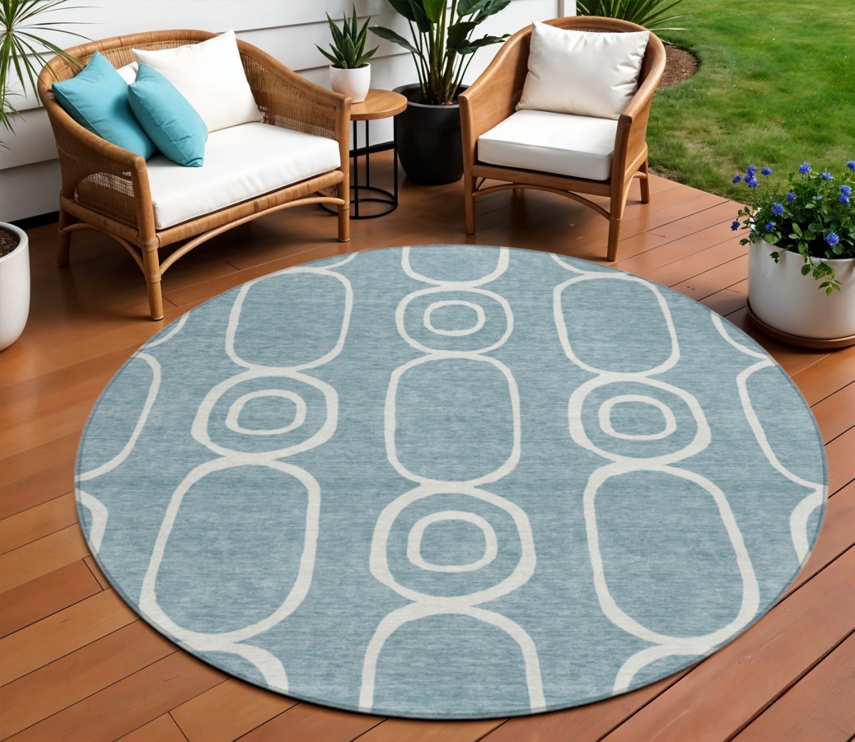 660603 8 ft. Aqua & Ivory Geometric Washable Transitional Indoor & Outdoor Round Area Rug