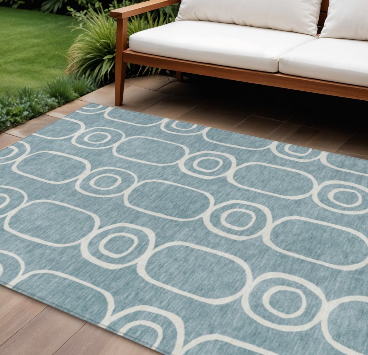 660605 9 x 12 ft. Aqua & Ivory Geometric Washable Transitional Indoor & Outdoor Rectangle Area Rug
