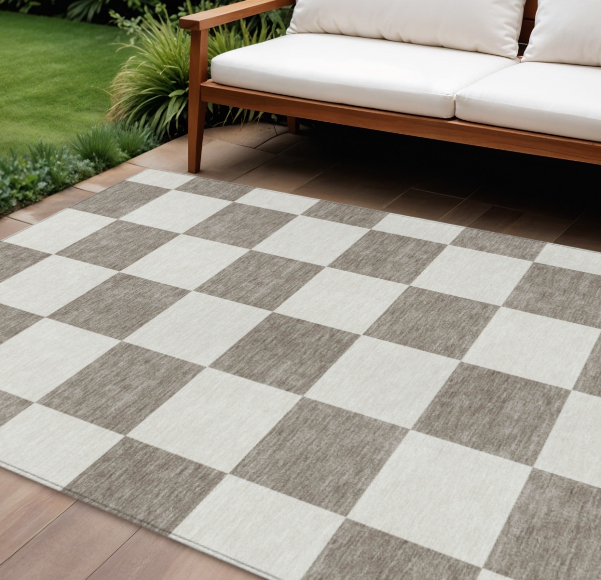 660762 10 x 14 ft. Taupe & Ivory Geometric Washable Transitional Indoor & Outdoor Rectangle Area Rug