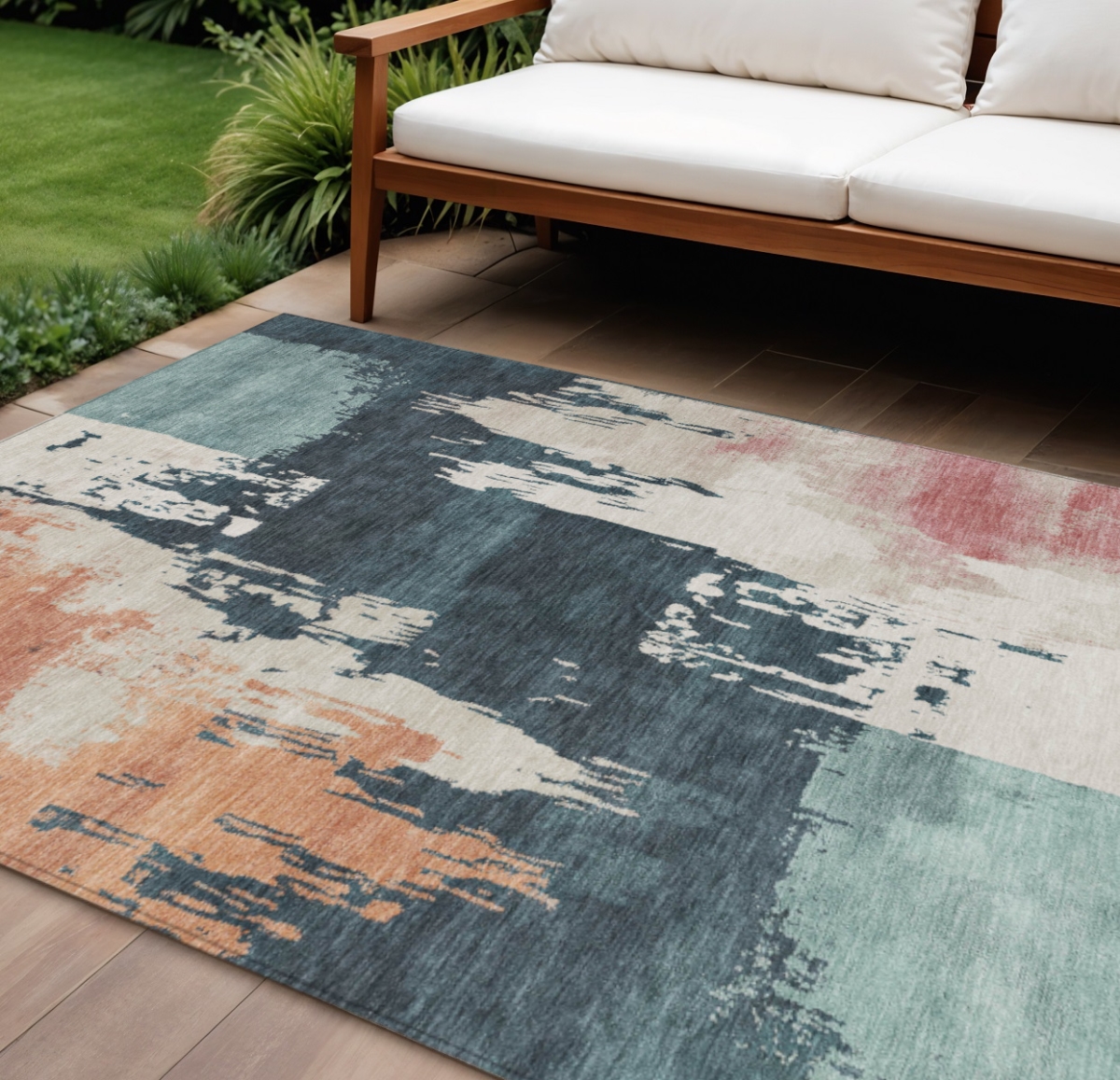 660846 10 x 14 ft. Teal Blue Pink & Orange Abstract Washable Contemporary Indoor & Outdoor Rectangle Area Rug