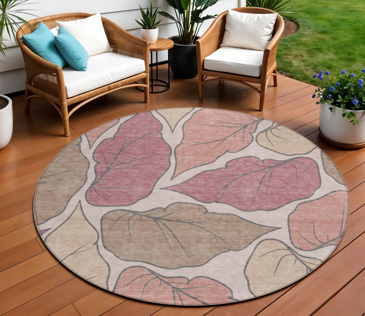 660855 8 ft. Blush & Ivory Botanical Leaves Washable Transitional Indoor & Outdoor Round Area Rug