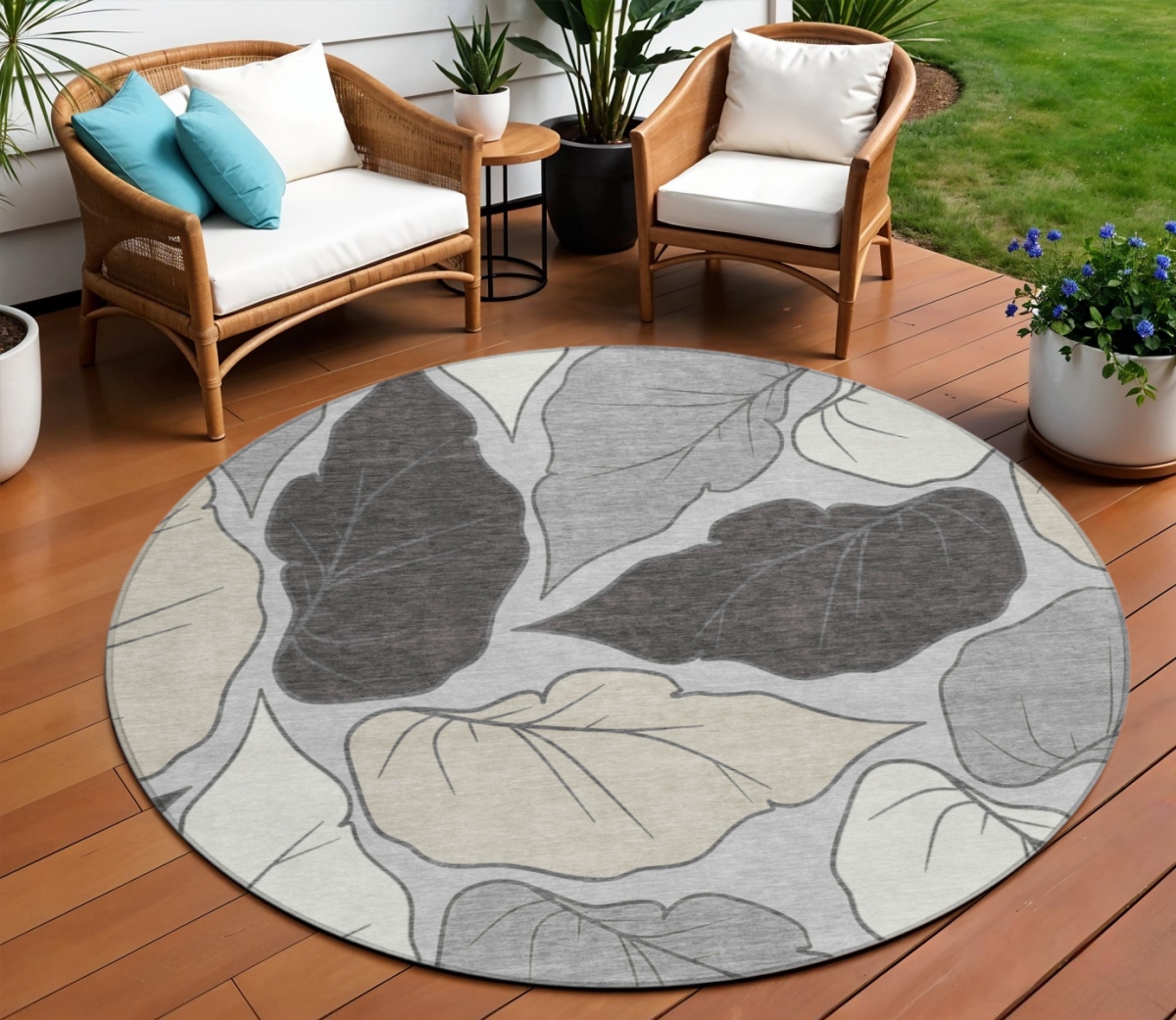 660873 8 ft. Silver, Gray & Beige Botanical Leaves Washable Transitional Indoor & Outdoor Round Area Rug