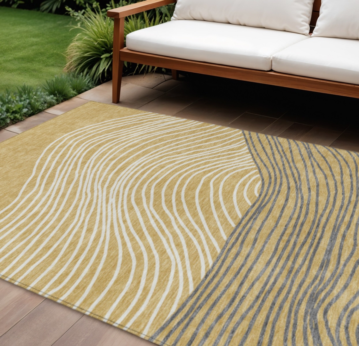 660953 9 x 12 ft. Gold Ivory & Charcoal Striped Washable Transitional Indoor & Outdoor Rectangle Area Rug
