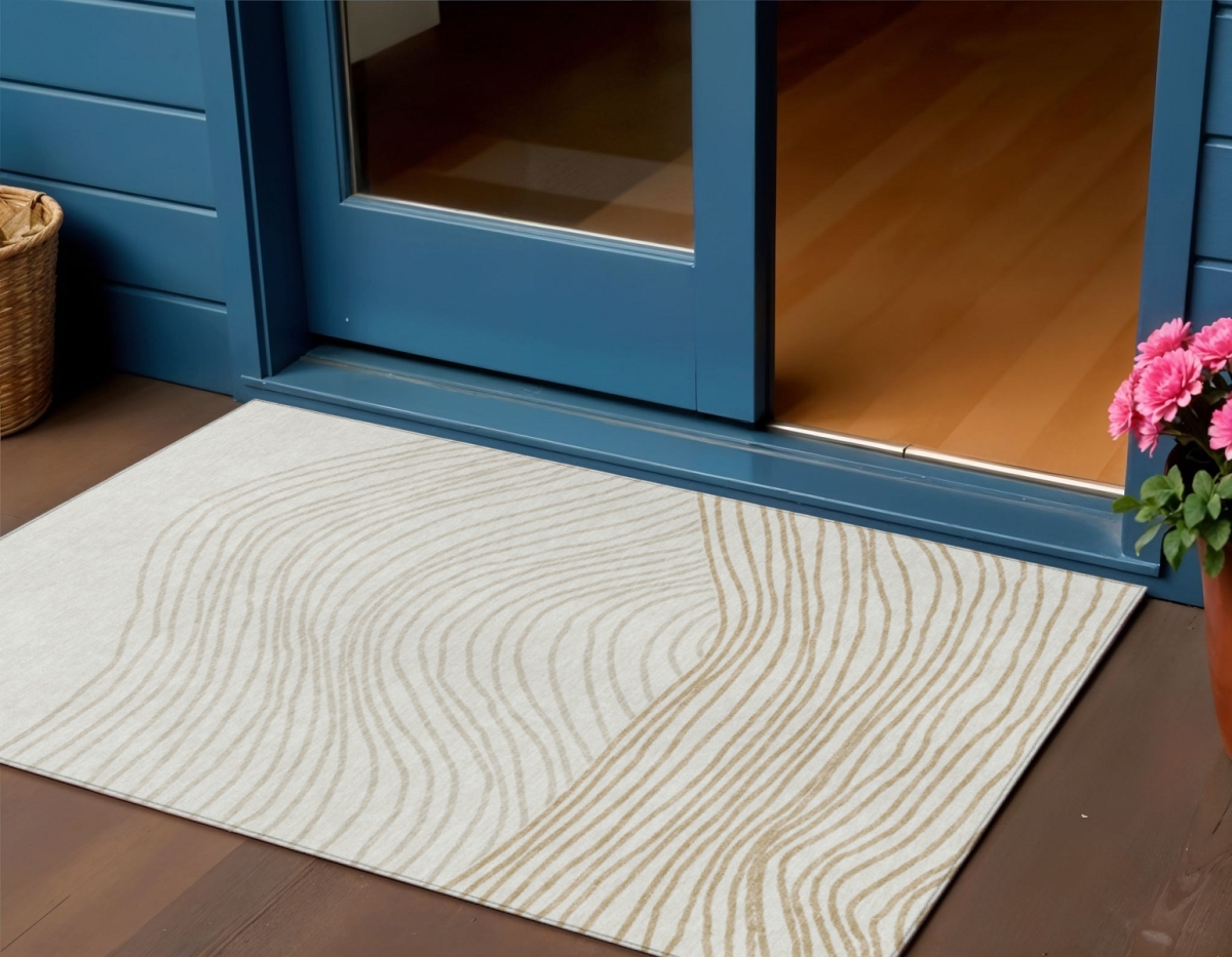 660961 3 x 5 ft. Ivory & Wheat Striped Washable Transitional Indoor & Outdoor Rectangle Area Rug