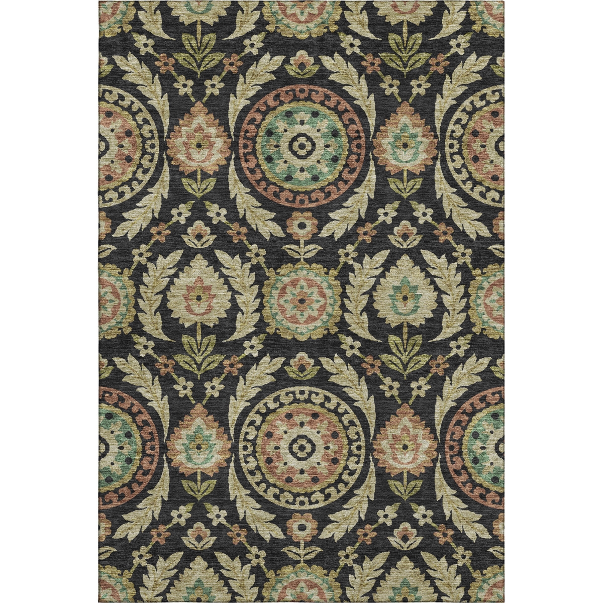 663191 10 x 14 ft. Black Gold & Copper Floral Washable Machine Made Rectangle Area Rug with UV Protection