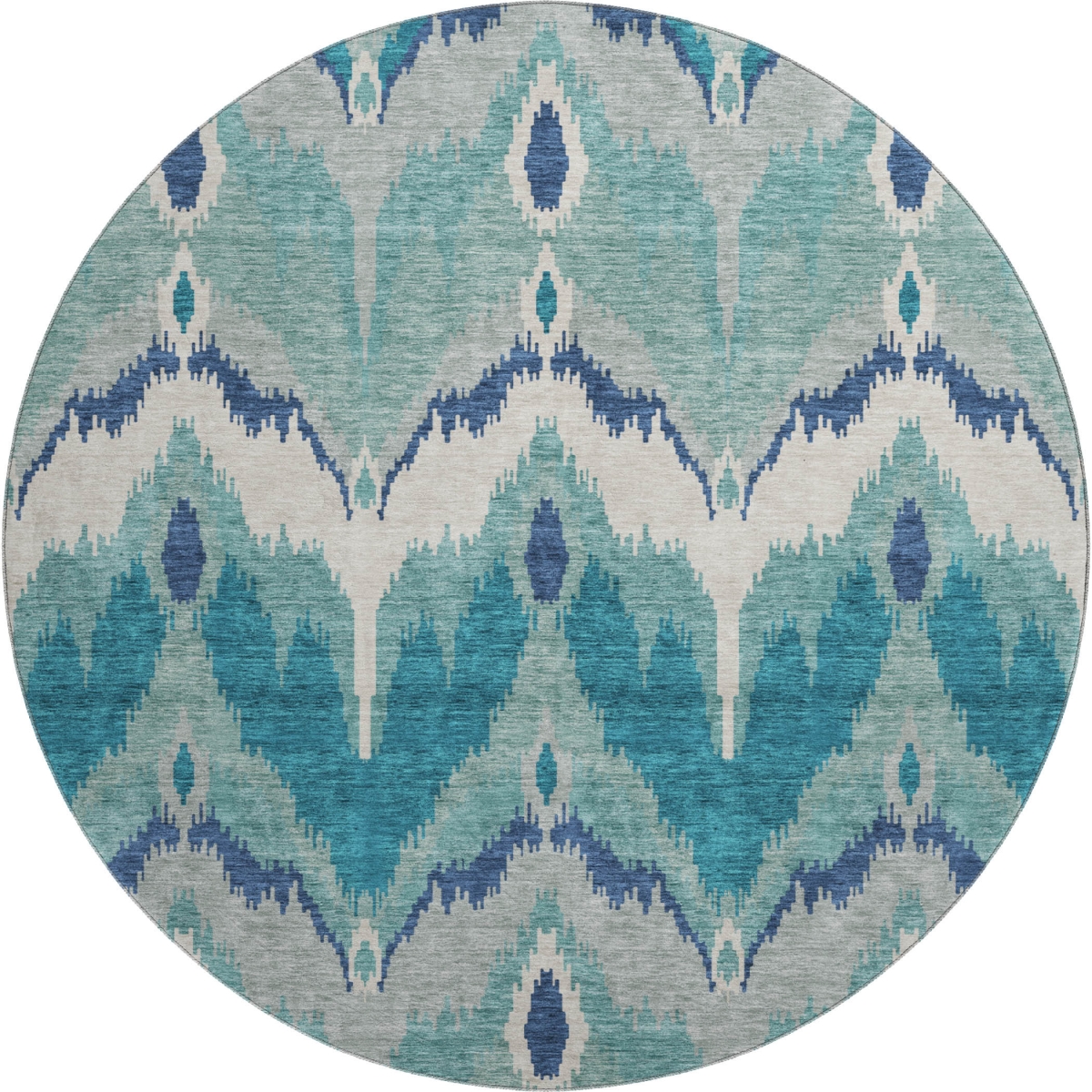 662678 8 ft. Teal & Ivory Ikat Transitional Washable Round Area Rug with UV Protection