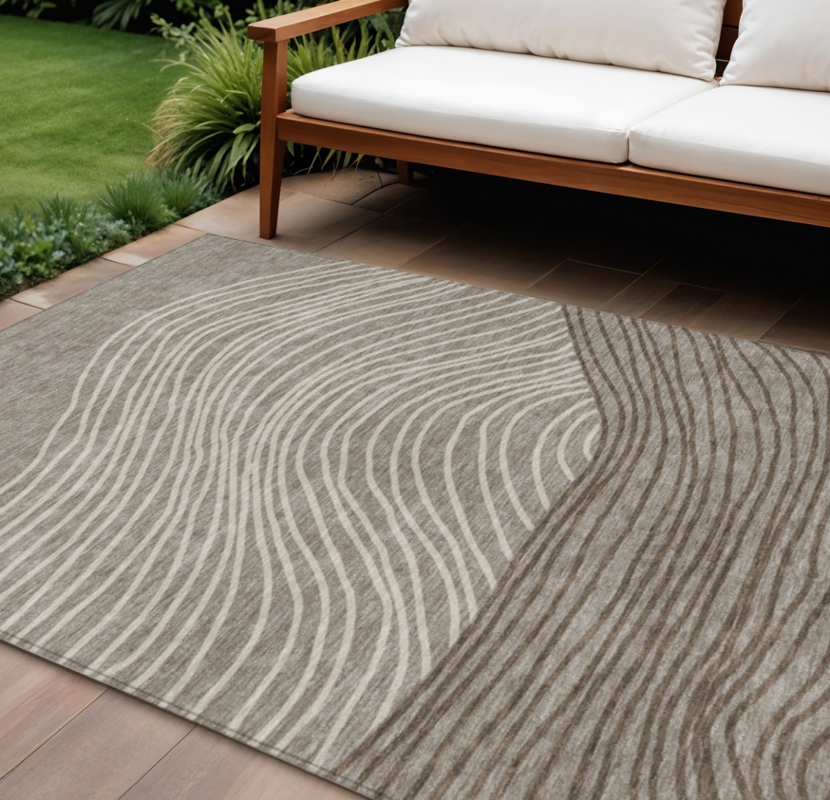 660978 10 x 14 ft. Taupe, Beige & Brown Striped Washable Transitional Indoor & Outdoor Rectangle Area Rug