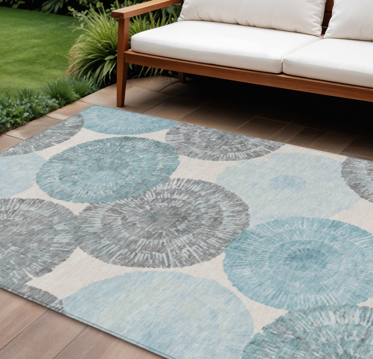 661019 9 x 12 ft. Teal Blue, Ivory & Gray Abstract Washable Transitional Indoor & Outdoor Rectangle Area Rug