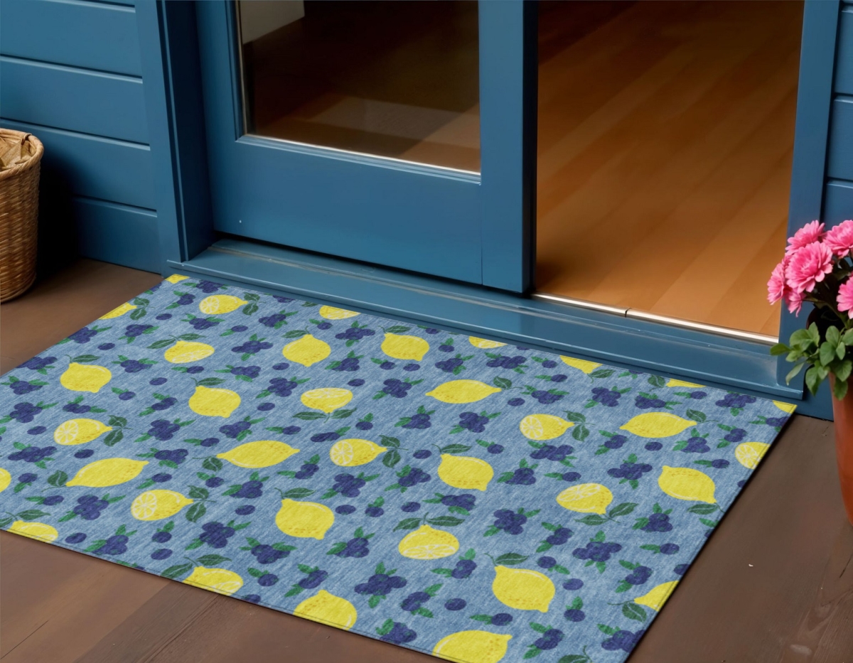 661129 3 x 5 ft. Denim Blue Yellow & Green Lemons Washable Transitional Indoor & Outdoor Rectangle Area Rug