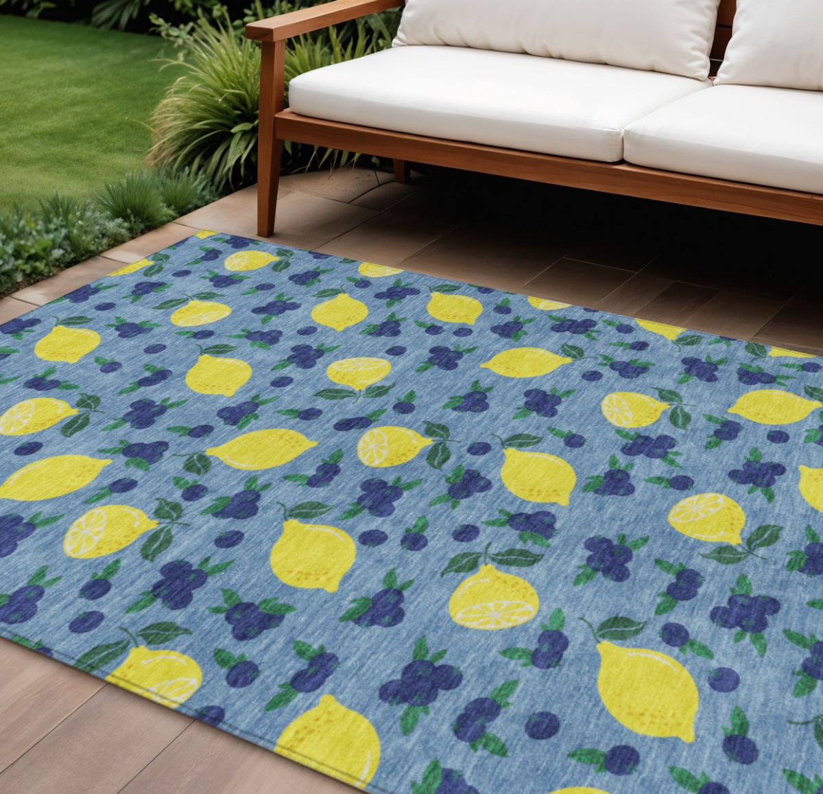 661134 10 x 14 ft. Denim Blue Yellow & Green Lemons Washable Transitional Indoor & Outdoor Rectangle Area Rug